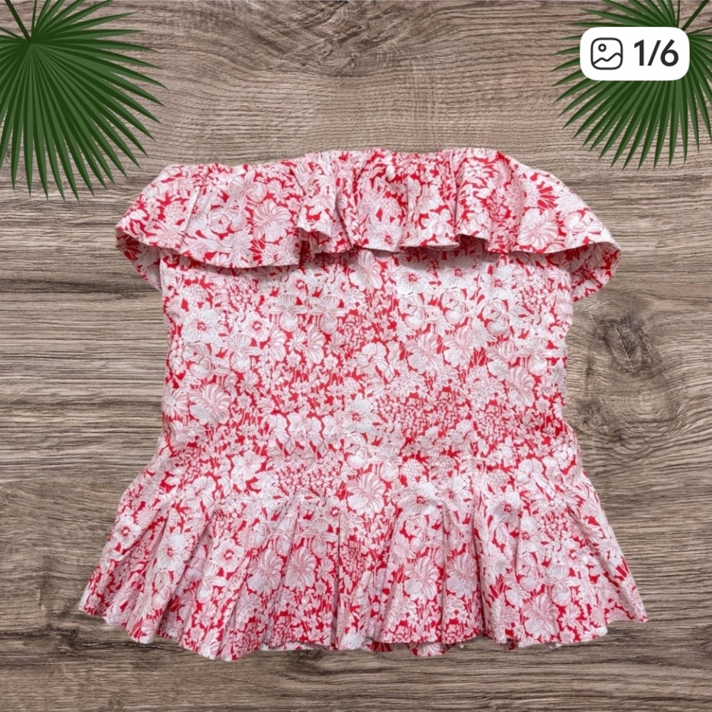 Antonio Melani Top Women's 6 Red White Floral Ruffle Strapless Top